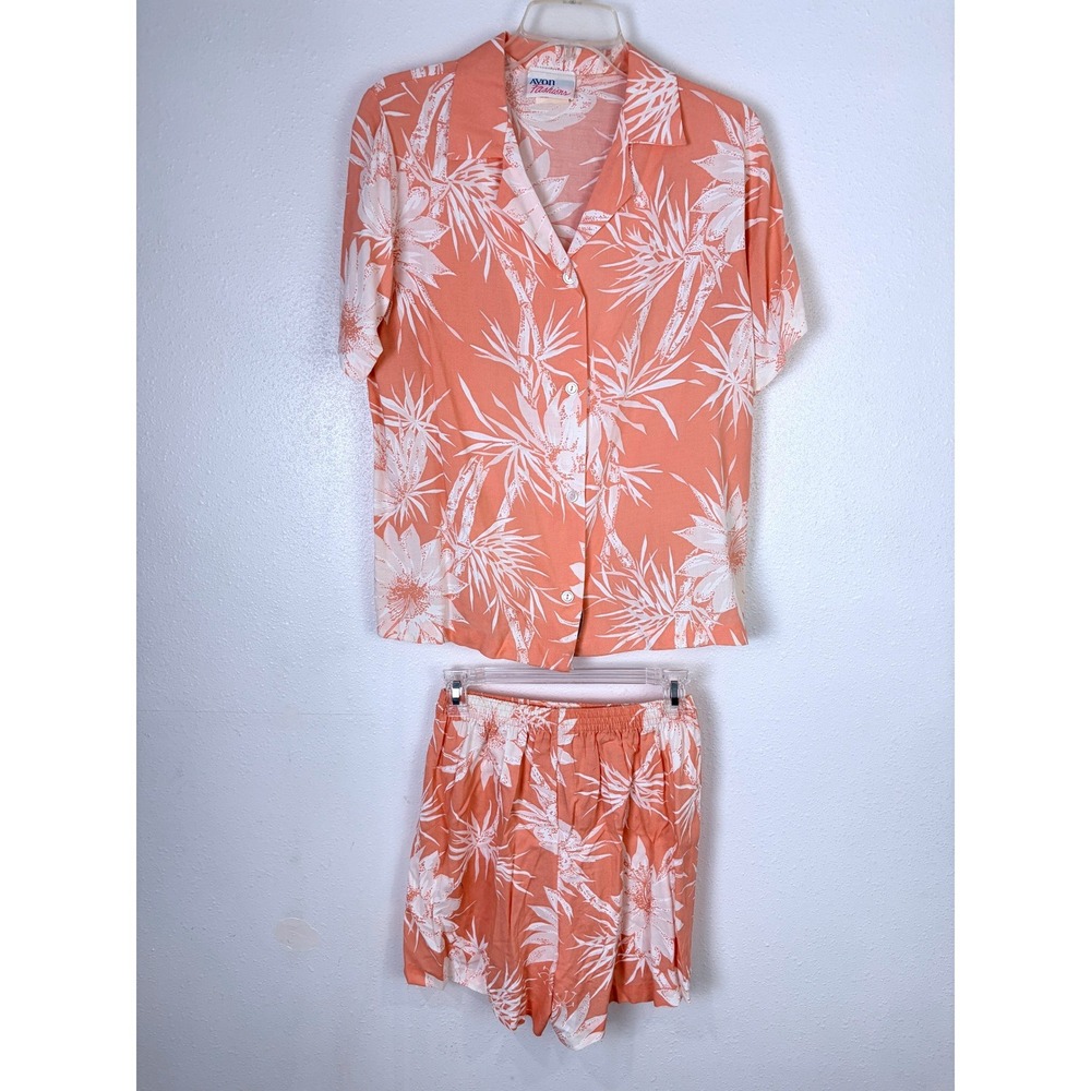 Avon Fashions Rayon Shorts Shirt Set 12 Peach Tropical Floral USA Resort 2 Piece